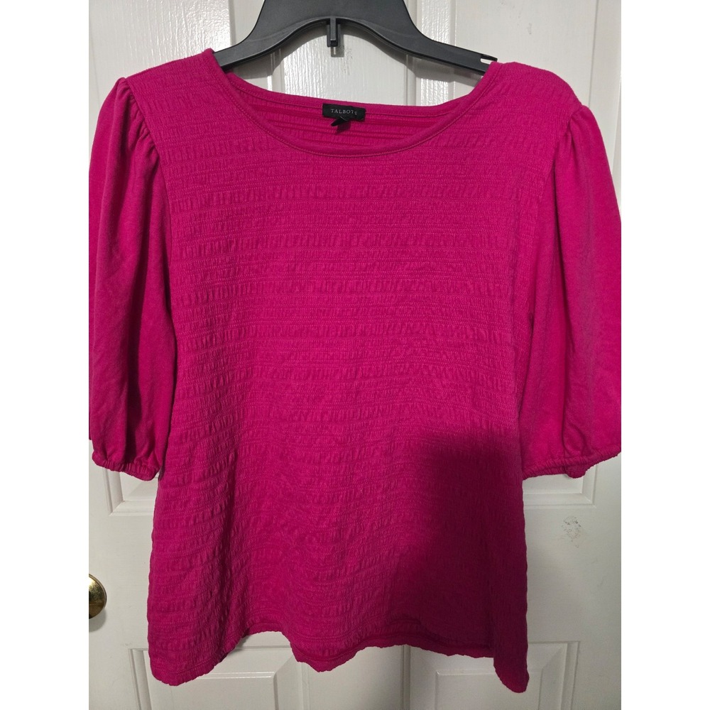Talbots Magenta Pink Smocked Puff Sleeve Knit Top Scoop Neck Size L
